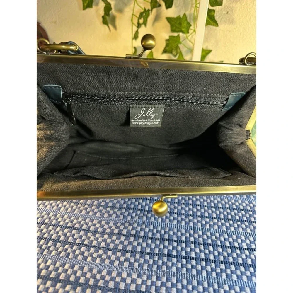 Jilly Designs Leather Kiss Lock Handbag Navy Blue with Tassel Handcrafted